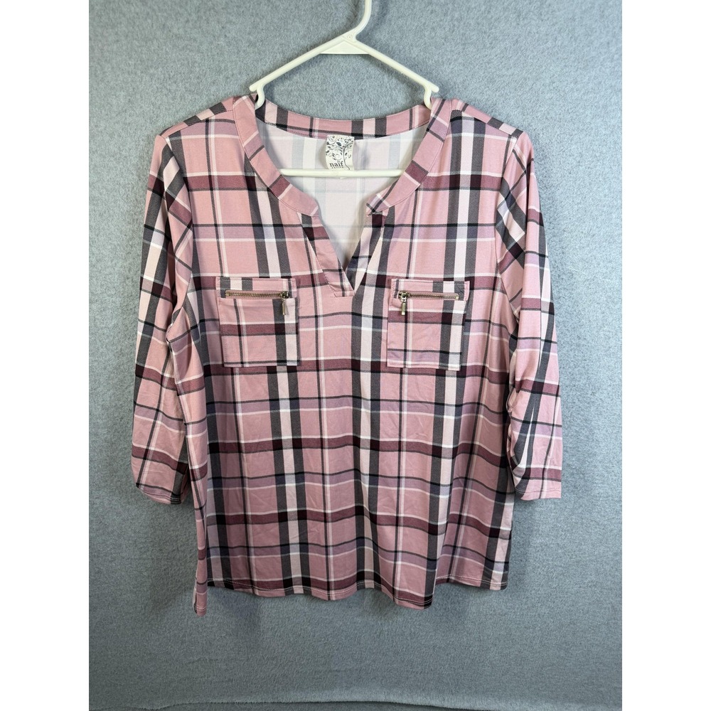 Naif Blouse Womens Petite PL Pink Plaid V Neck Zip Pocket Tunic Top 3/4 Sleeve